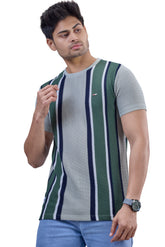 Green & Navy Striped Textured Crew T-Shirt